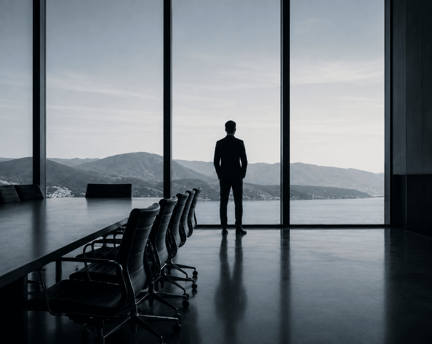 Person im Besprechungsraum mit Blick auf Berge und Meer